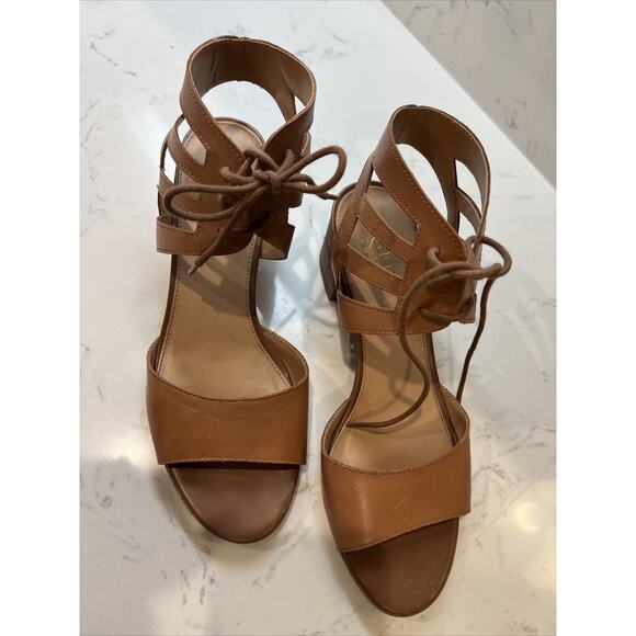 Franco Sarto Flourish 9.0 Tan Leather Chunky Block Lace Strappy Open Toe Sandals - Picture 2 of 7